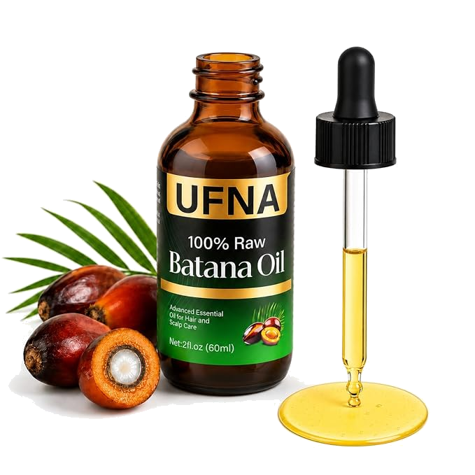 UFNA 100% Raw Batana Oil bottle, dropper, and palm fruits