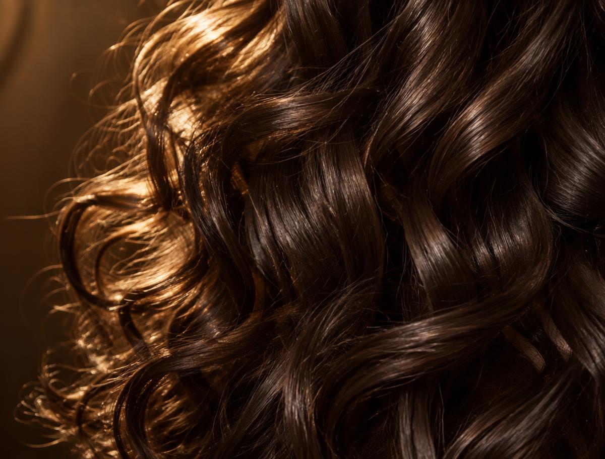 Close view of glossy, dark flowing hair