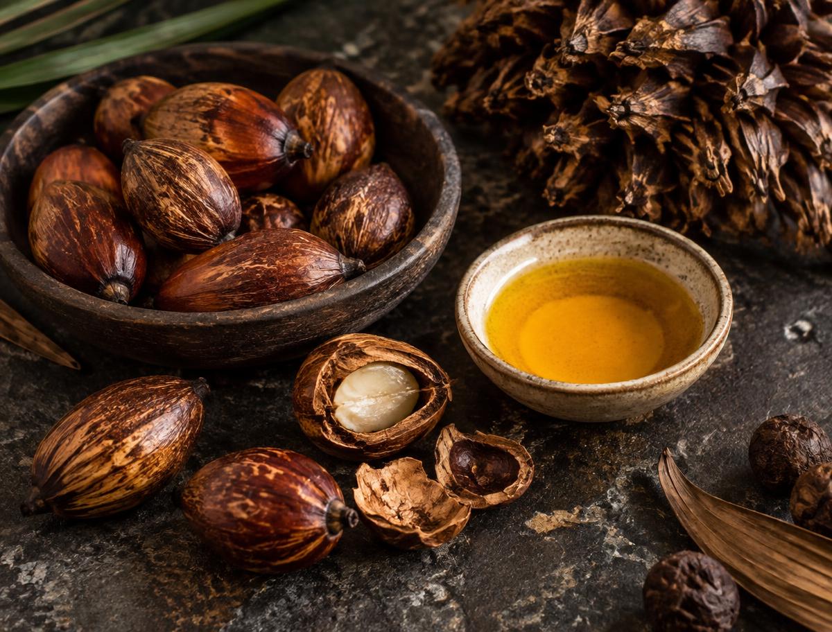 Batana palm fruits and a bowl of golden oil